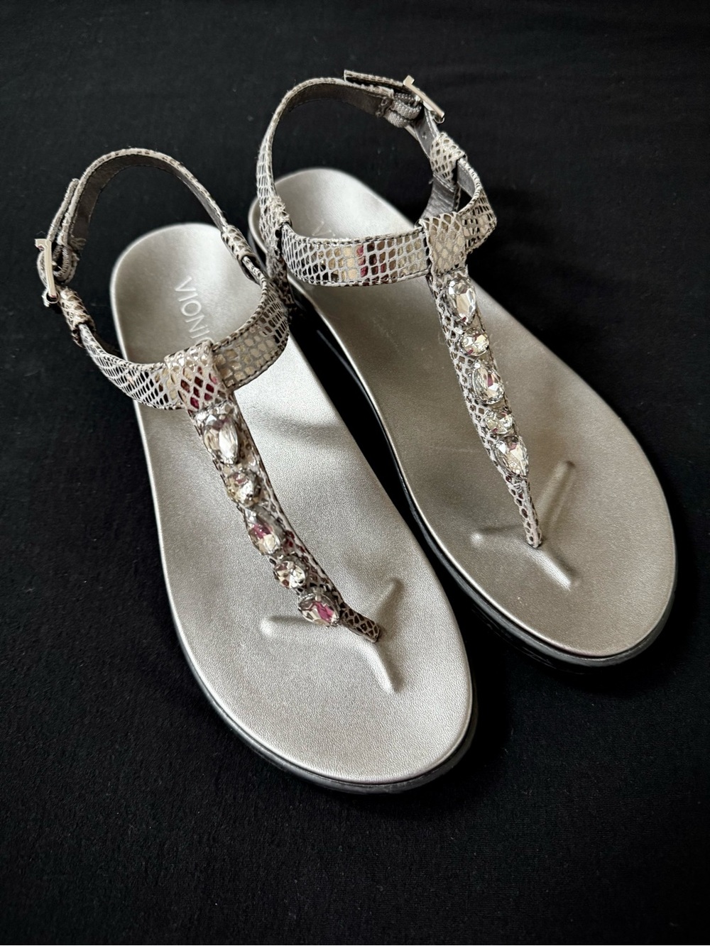 Vionic Silver Jeweled T-Strap Sandals - Metallic Snake Print